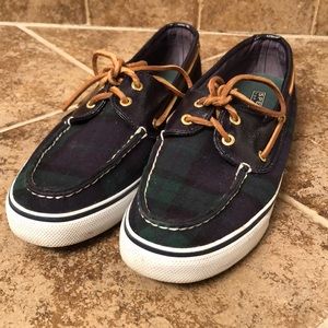 GREEN NAVY PLAID SPERRY BOAT FLATS TAN ACCENT